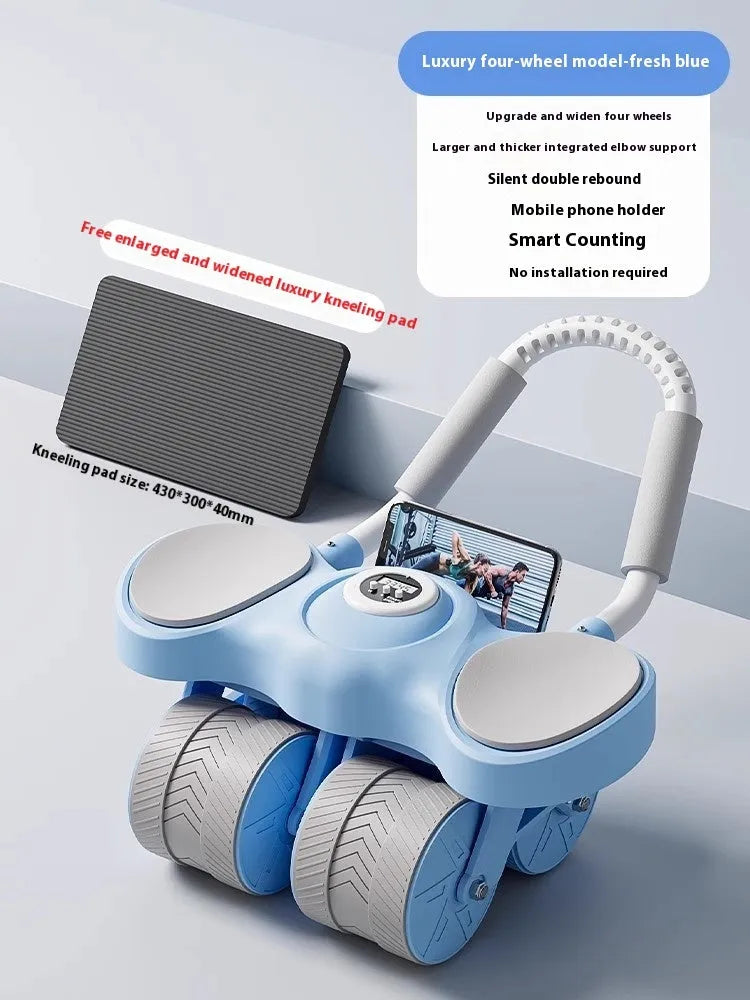 Abdominal exercise wheel with elbow supports in blue, orange, and black colour options.