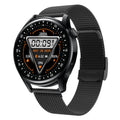 Smart watch with circular display on a wrist, showing health stats, with leather, silicone, and steel band options.