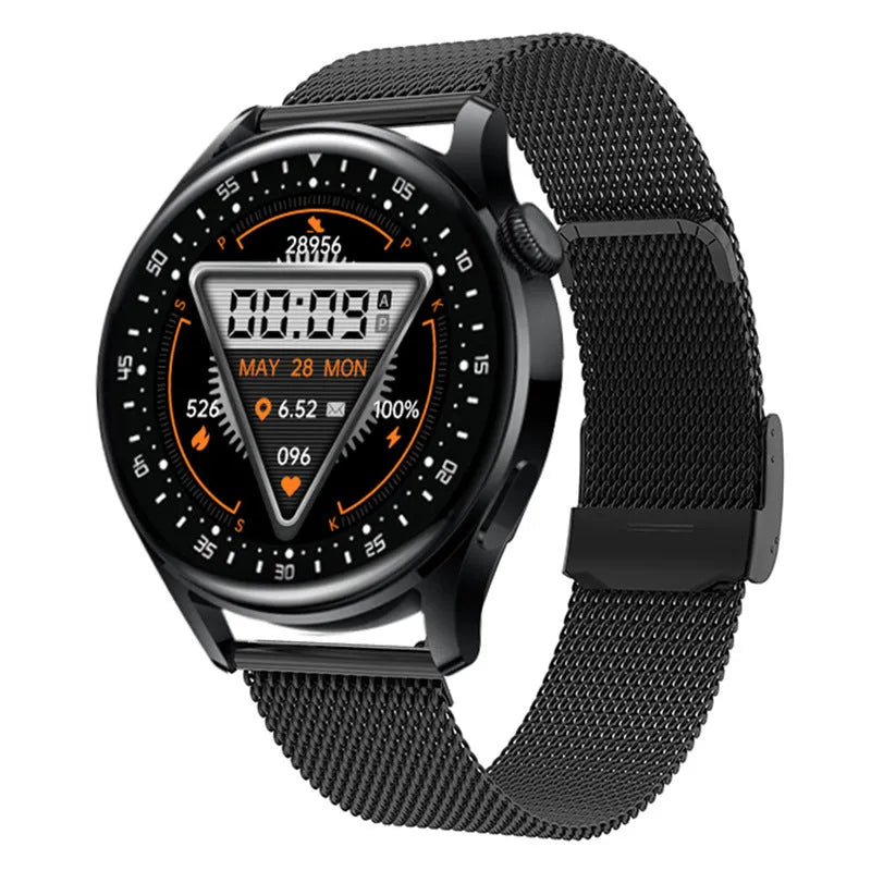 Smart watch with circular display on a wrist, showing health stats, with leather, silicone, and steel band options.
