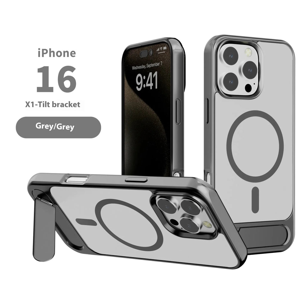Metallic paint skin-sensitive magnetic bracket phone case for iPhone, black colour, folded stand visible on rear panel