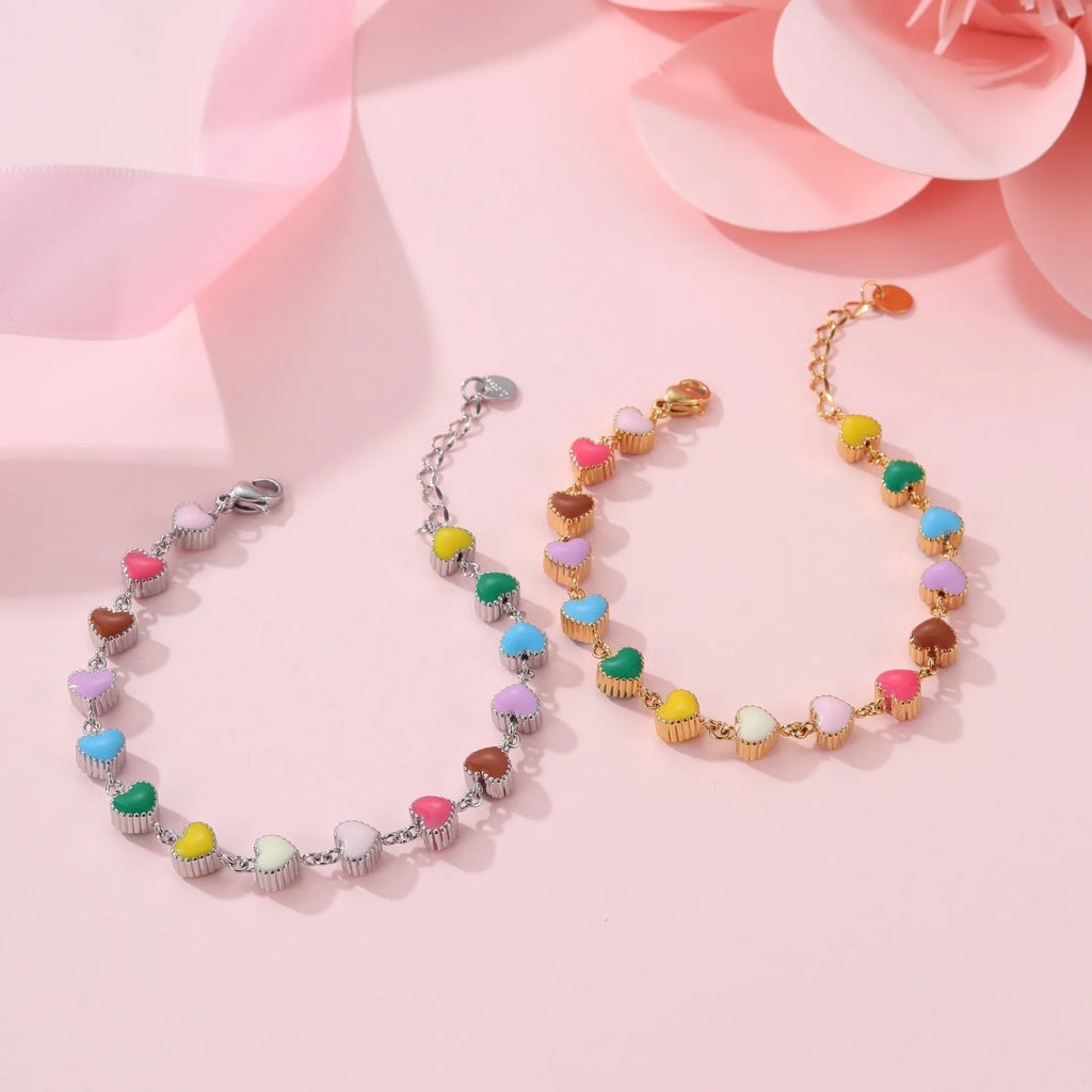 Gold or steel women's bracelet with colourful oil necklace and love heart pendant