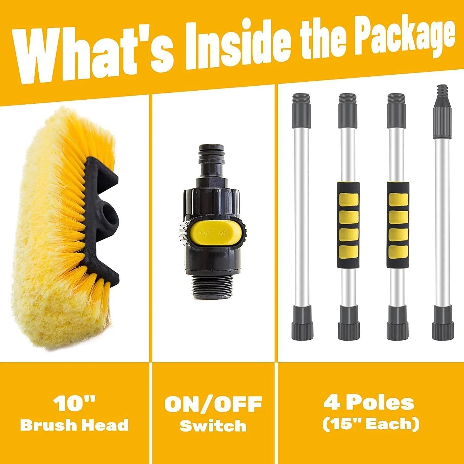 Yellow portable car wash brush with four-section extendable rod and removable flow-through cleaning head