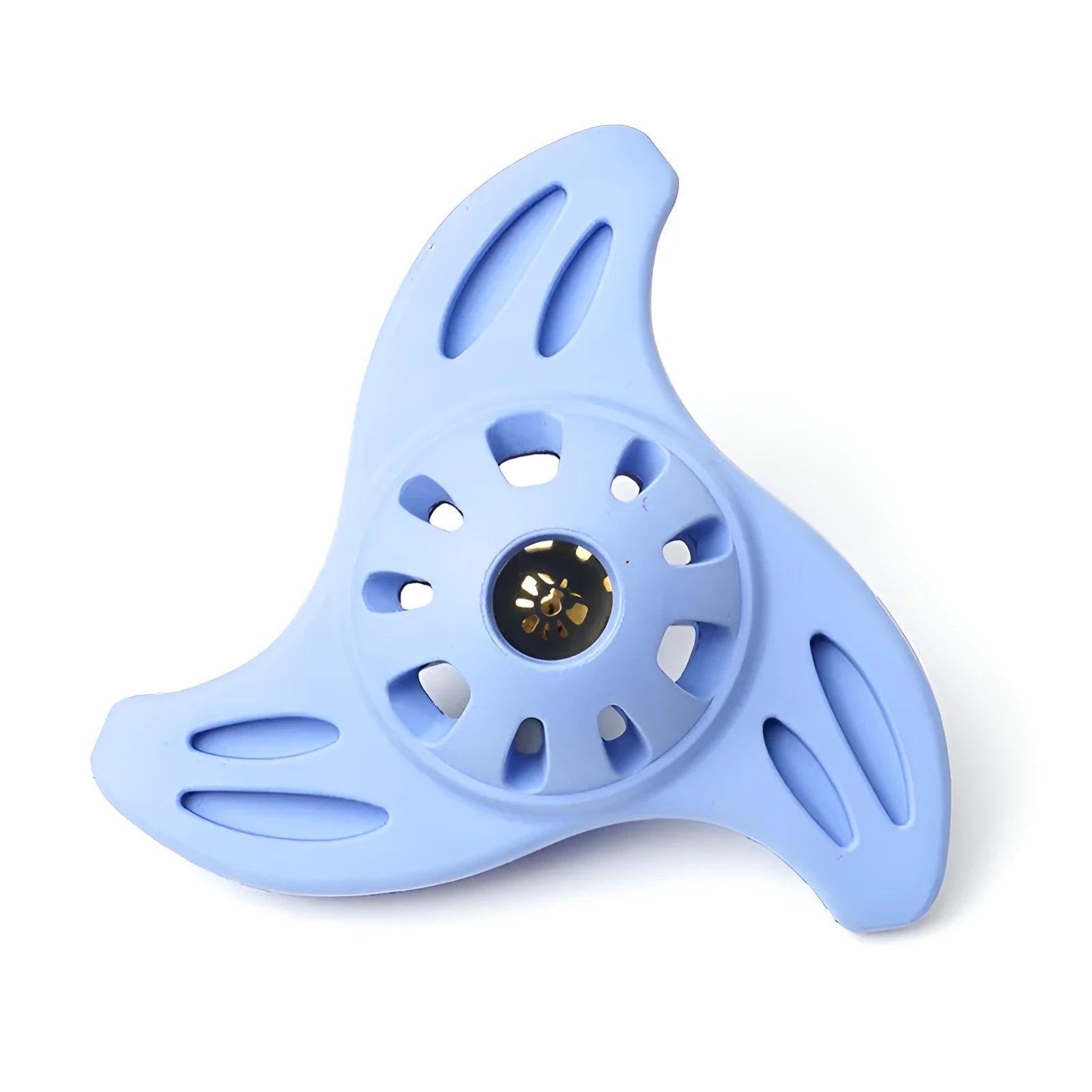 Blue boomerang-shaped rubber dog chew toy with molar texture for medium and large breed dogs.