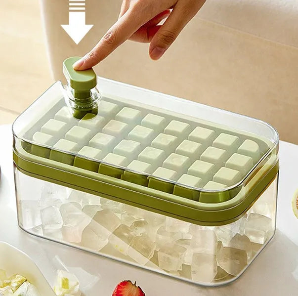 Green one-button press ice cube tray mould with transparent lid and storage box