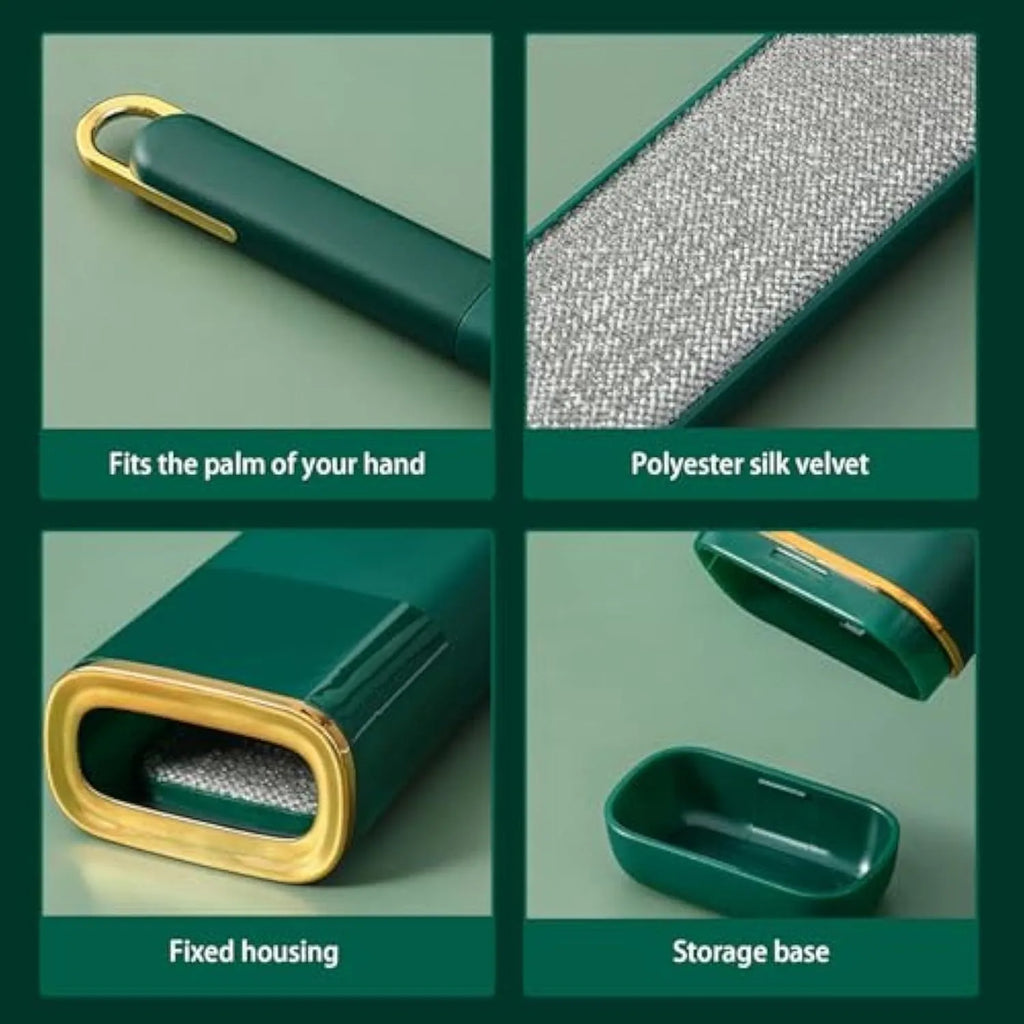Double-sided pet hair removal brush in blue, green, or white colours with self-cleaning storage box
