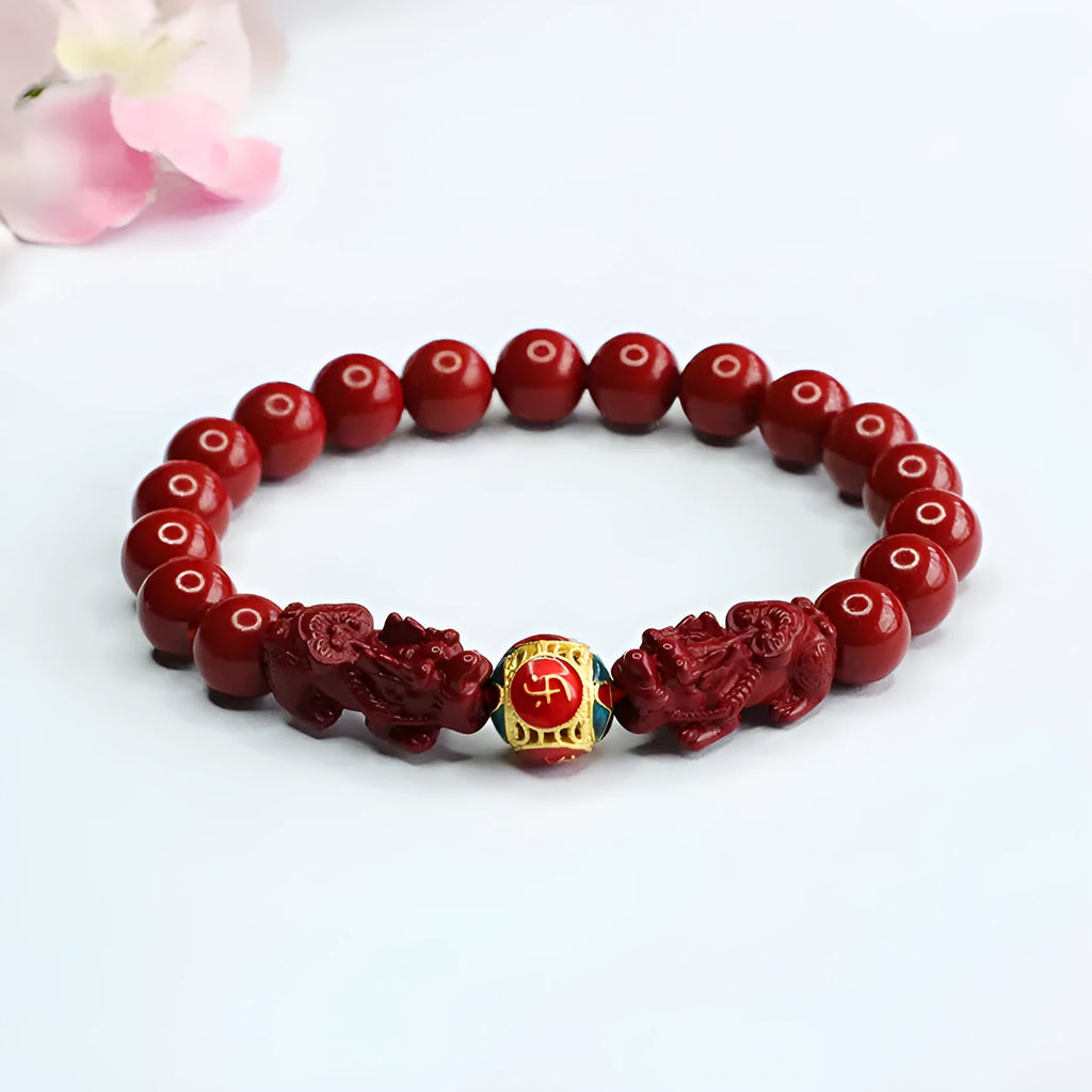 Close-up of a purple gold sand Cinnabar bracelet with carved Double Pixiu design, bead size 8mm.