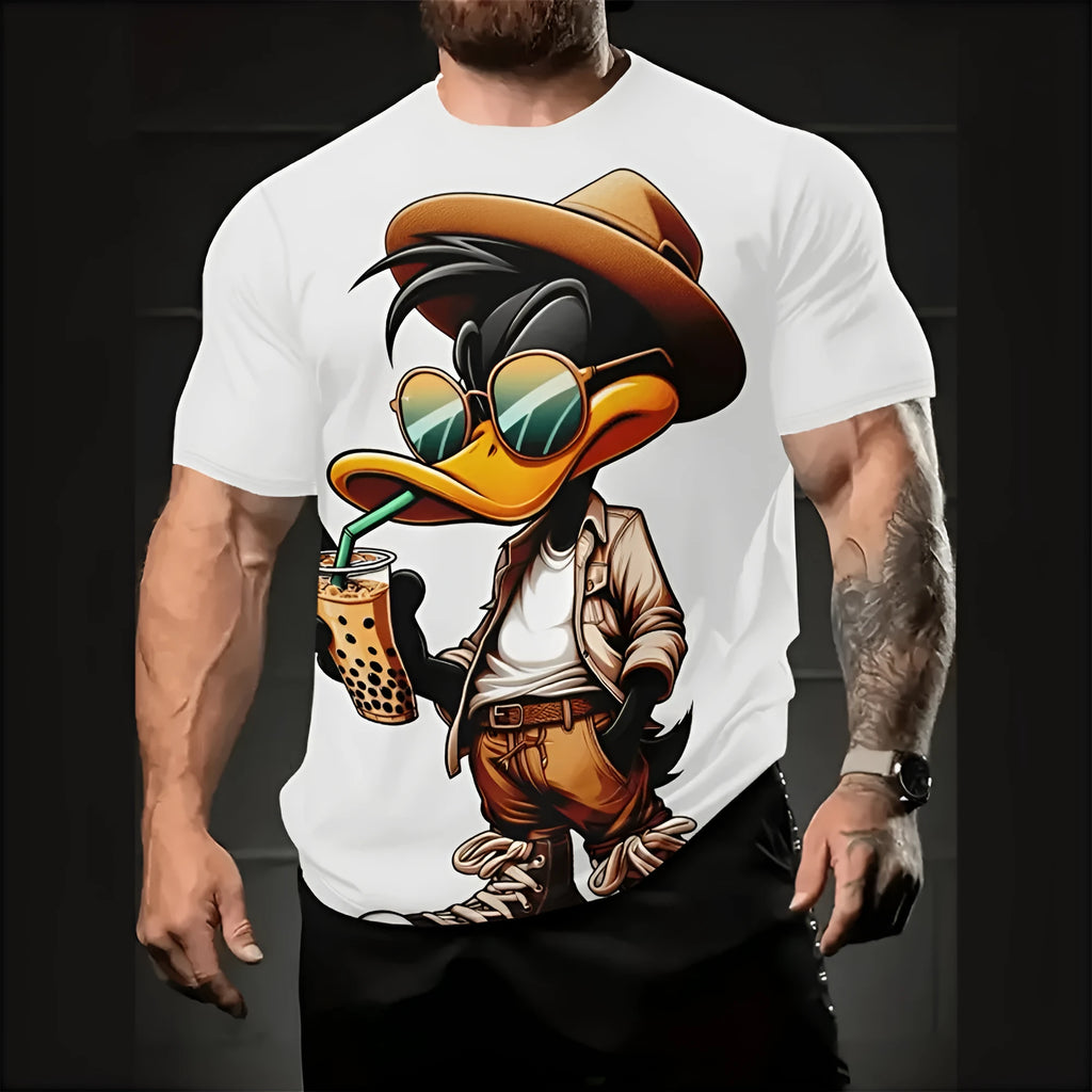 Man wearing a loose, short-sleeve linen shirt with a colourful 3D cartoon print design.