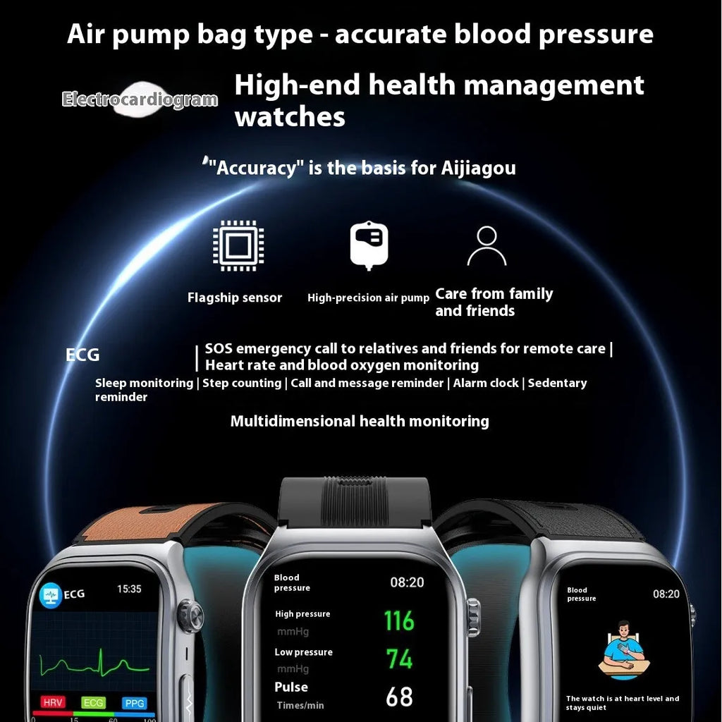 S15 Smart Watch with AMOLED display showing blood pressure and uric acid monitoring on a wrist with black leather strap