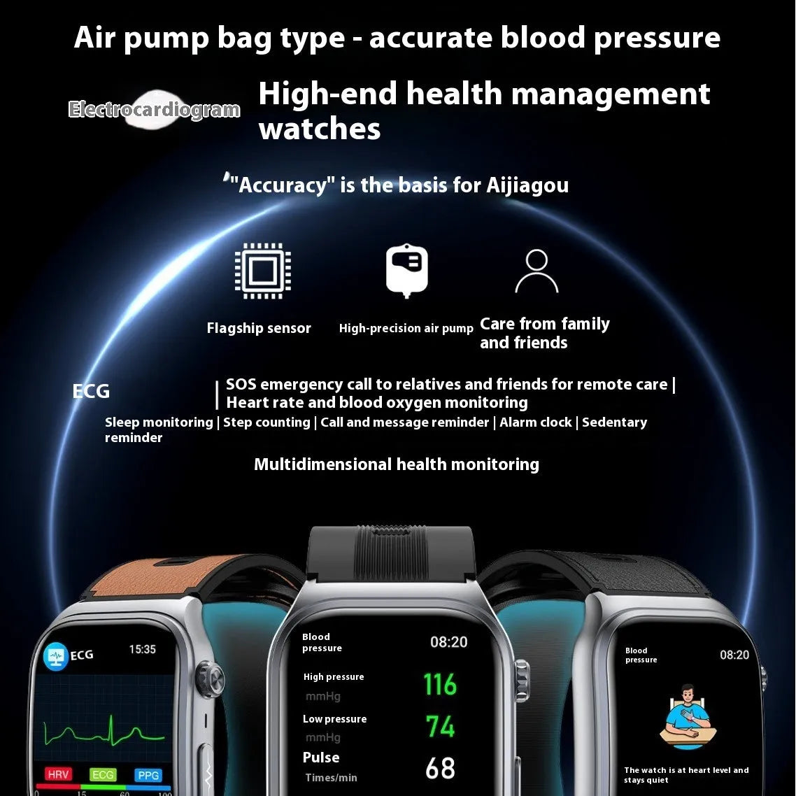 S15 Smart Watch with AMOLED display showing blood pressure and uric acid monitoring on a wrist with black leather strap