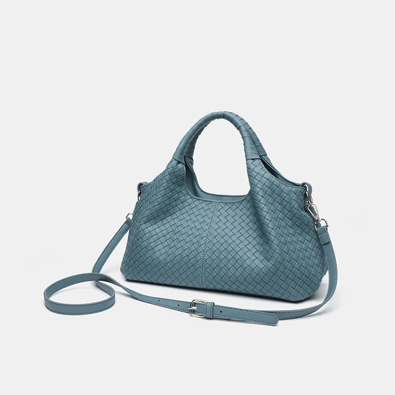 Women's woven large capacity handbag in brown, soft PU material with double shoulder straps and horizontal square shape