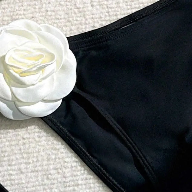 Black 3D flower pattern bikini swimsuit with drawstring waist and backless design