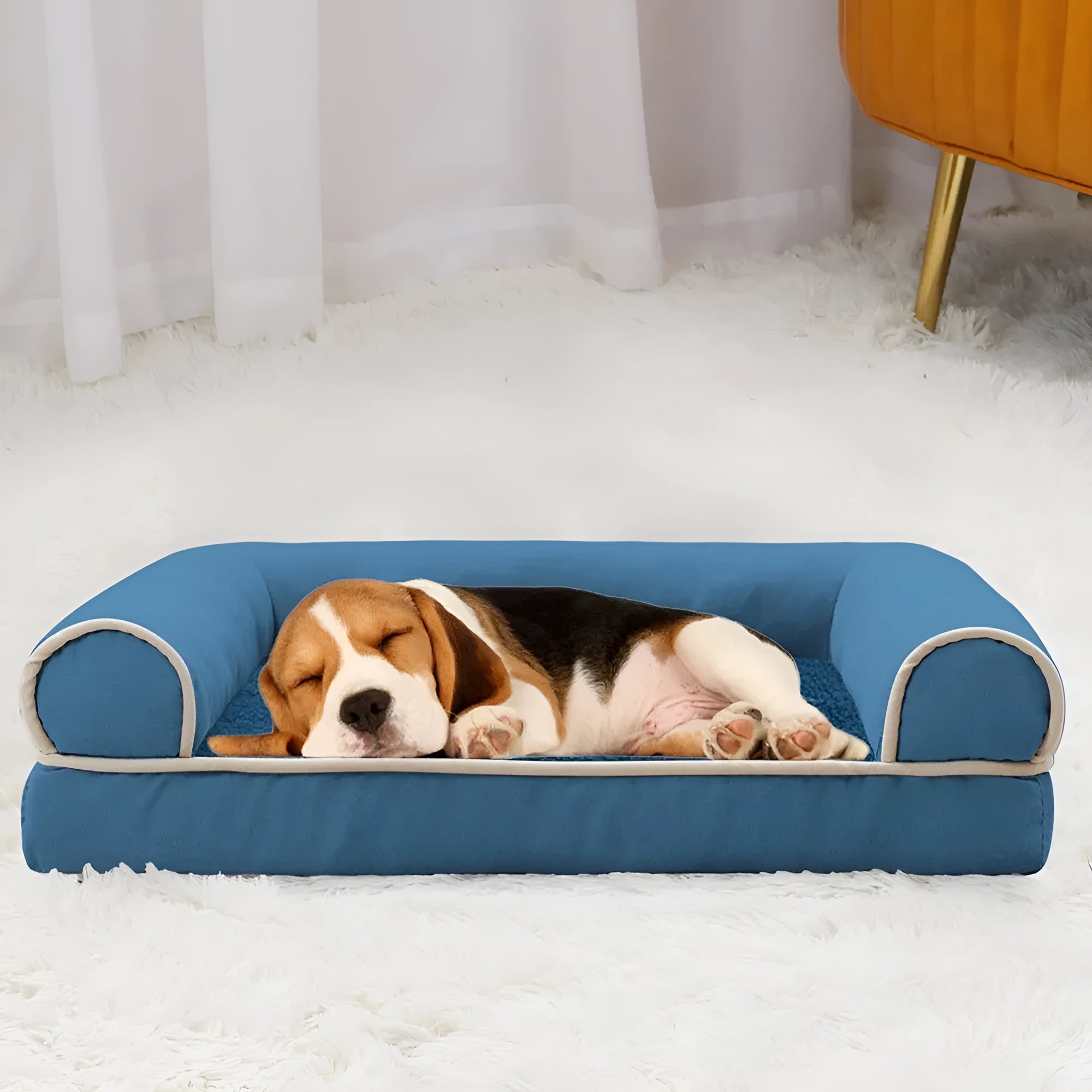 Rectangular grey dog bed with square raised edges and sponge fill for a sleeping dog.
