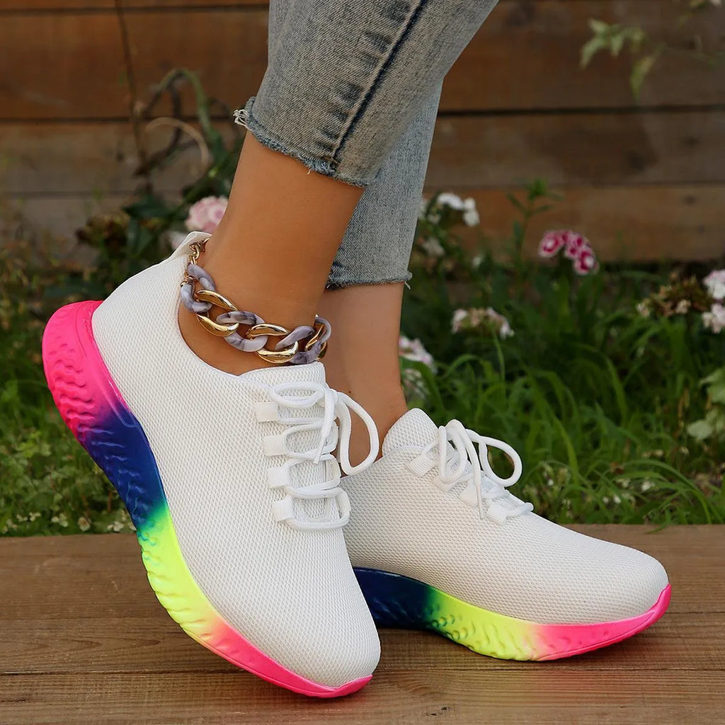 Women's plus-size rainbow low stretch pumps in white, flat heel, round toe, lace-up front, breathable mesh lining