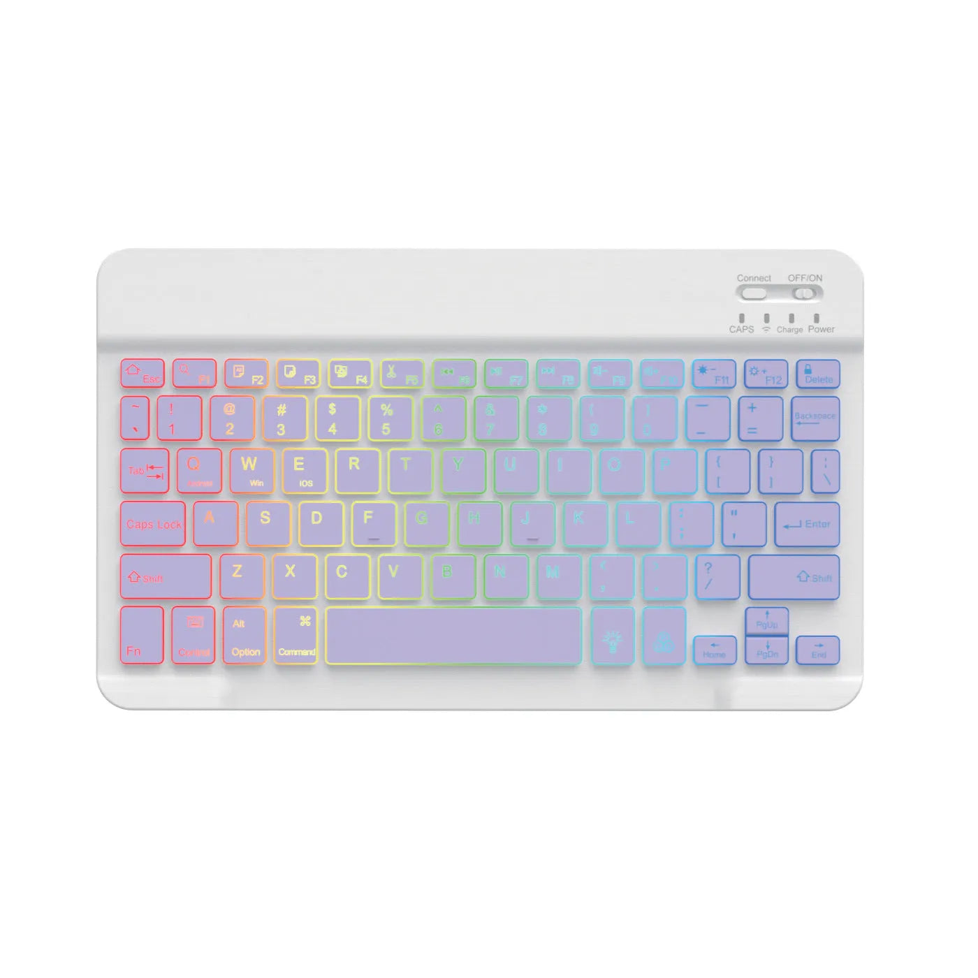 10-inch wireless Bluetooth keyboard with colourful backlit keys on a desk next to a tablet.