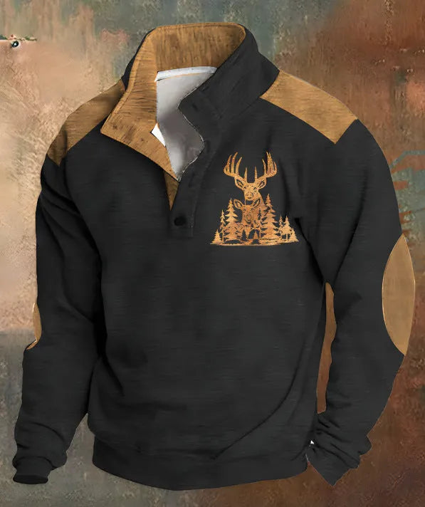 Teenager wearing a loose-fit long-sleeved sweater with a 3D digital print design and four buttons on the front.