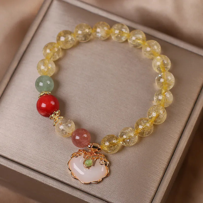 Women's bracelet with natural citrine jade ruyi pendant and yellow hair crystal ornament on adjustable alloy band