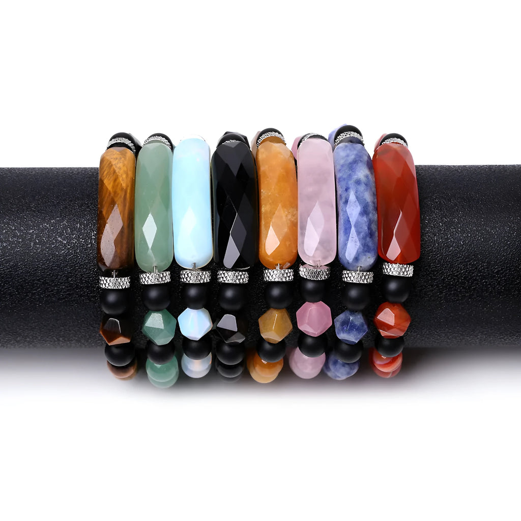 Handmade diamond-shaped cut agate bracelet with geometric design and fan-shaped elements