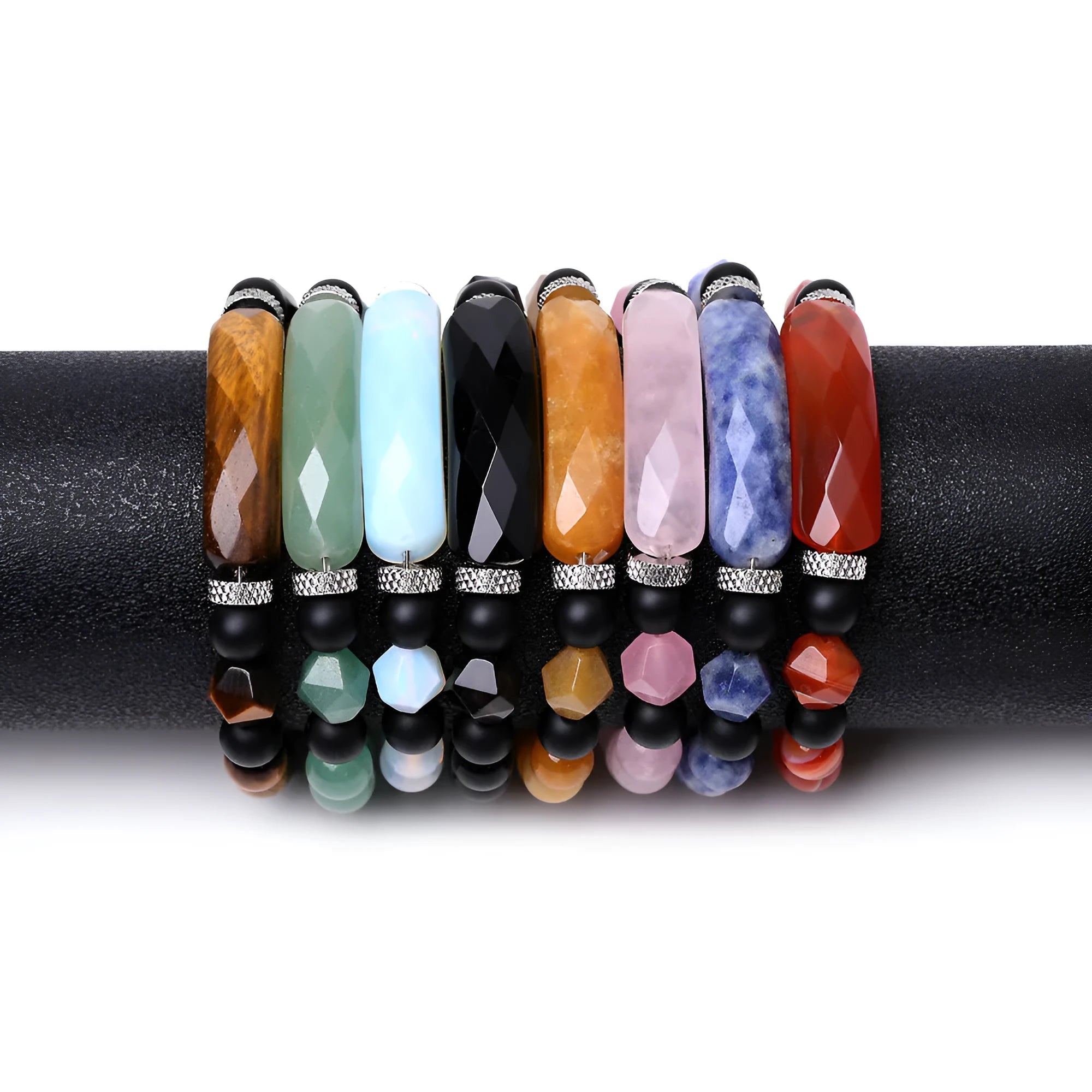 Handmade diamond-shaped cut agate bracelet with geometric design and fan-shaped elements