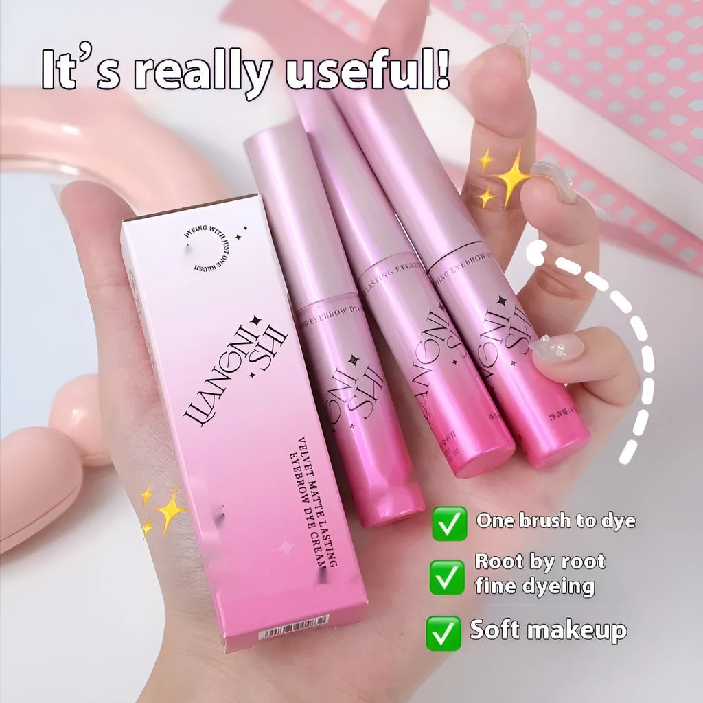 Velvet eyebrow cream in packaging showing four colour options: milk coffee, raw latte, coffee pink latte