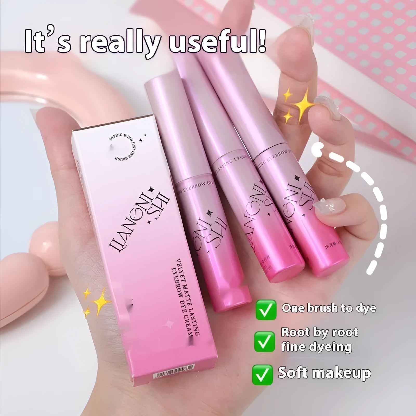 Velvet eyebrow cream in packaging showing four colour options: milk coffee, raw latte, coffee pink latte
