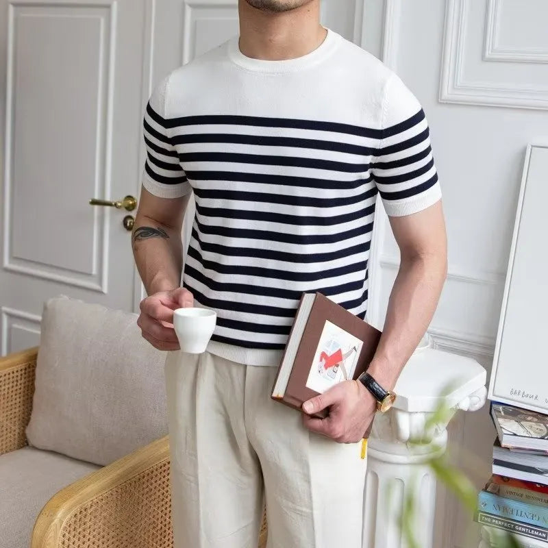 Men's striped short sleeve polyester T-shirt in blue, pullover style for summer casual wear