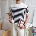 Men's striped short sleeve polyester T-shirt in blue, pullover style for summer casual wear