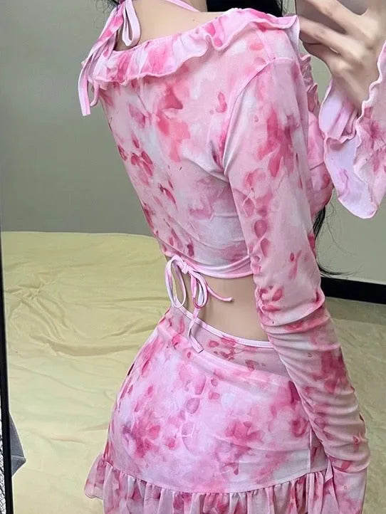 Women's floral bikini swimsuit set in cherry blossom pink colour with polyester fabric