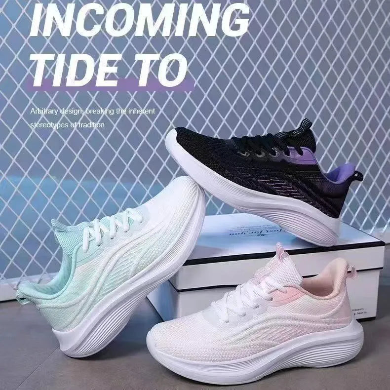 Lightweight mesh running shoes with PVC non-slip sole, front lace-up, sizes 36-40, in white green, light pink, or purple.
