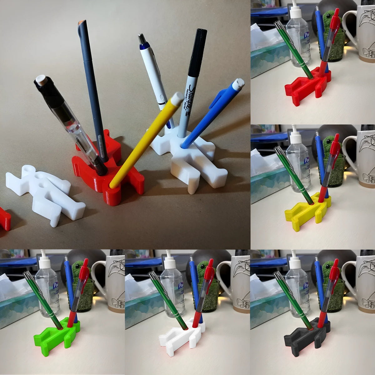 Funny crime scene humanoid pen holder in plastic, available in six colours, on a desk surface