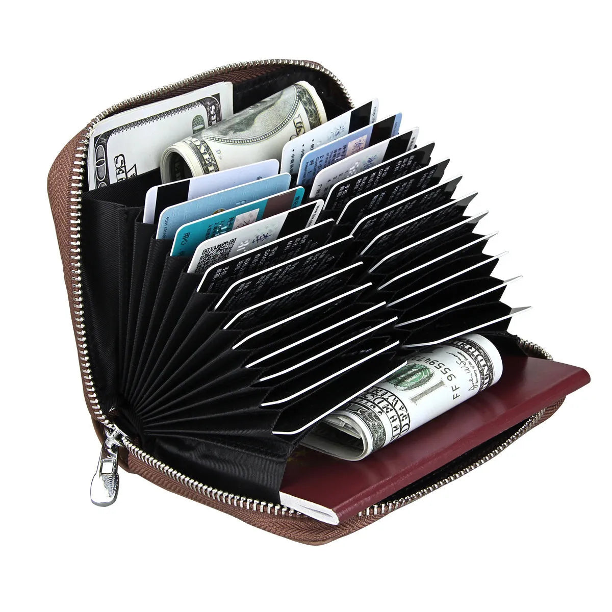 Expanding genuine cowhide leather passport card holder in ink black colour with multiple card slots