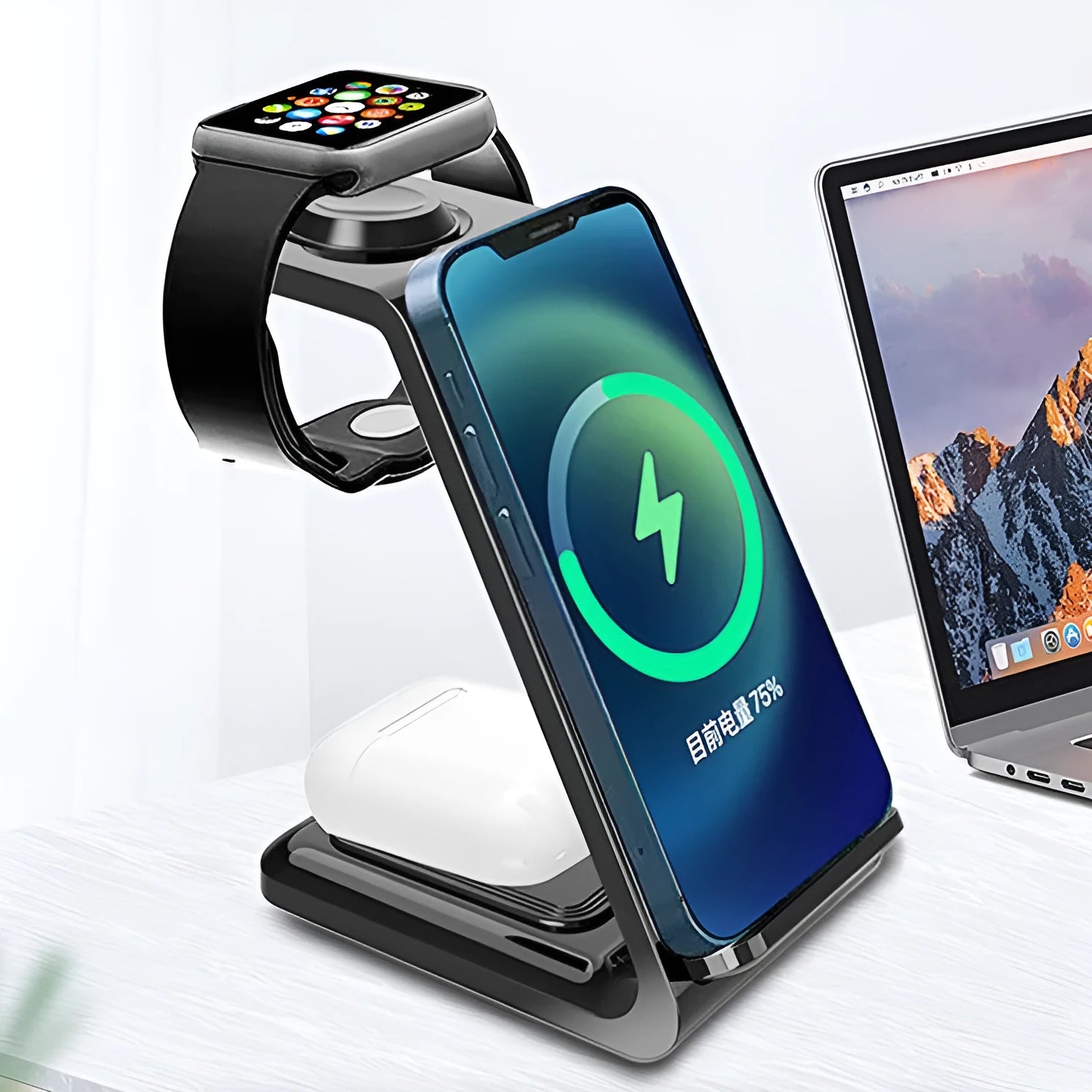 White 3-in-1 upright wireless phone charger and stand on a desk