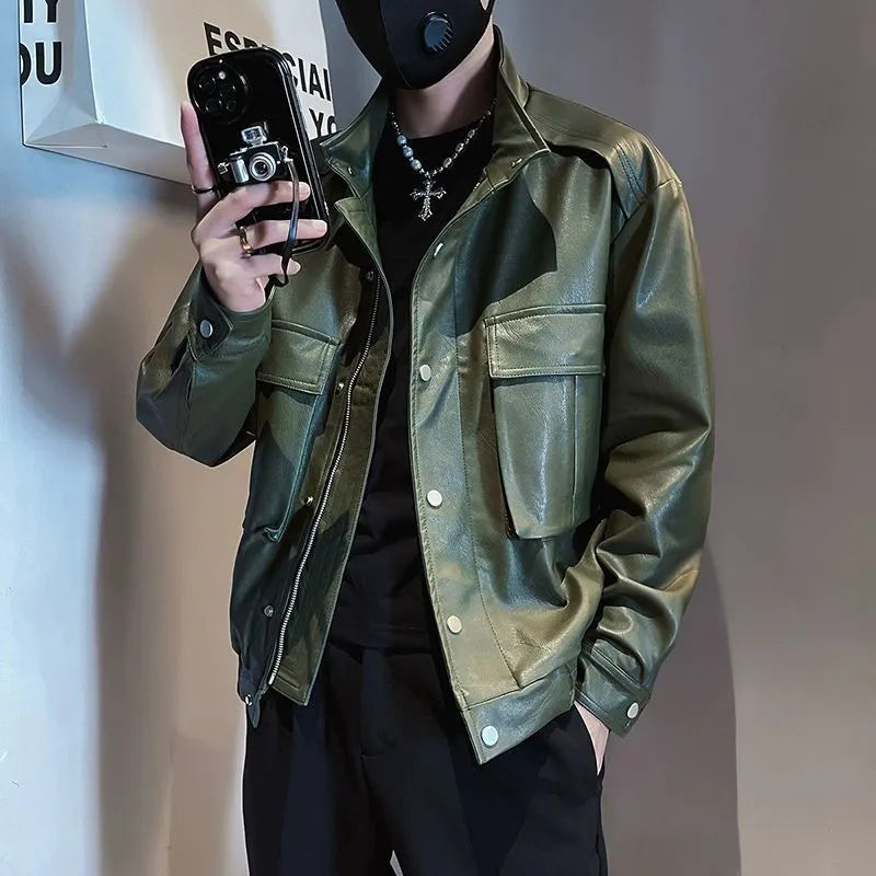 Men's black PU leather jacket with Korean style design, straight hem and side seam pockets
