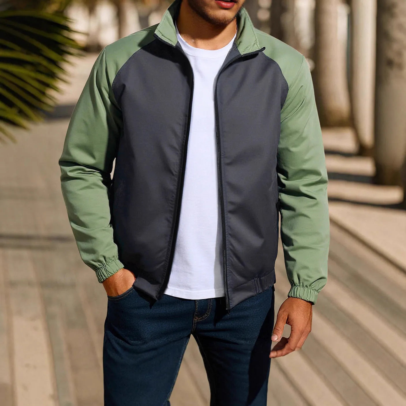 Men's casual coat with stand collar and contrast colour, raglan sleeves, loose fit, in red colour