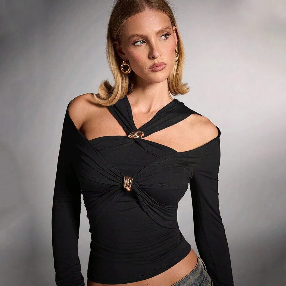 Black women's halter top with strapless neckline and long sleeves
