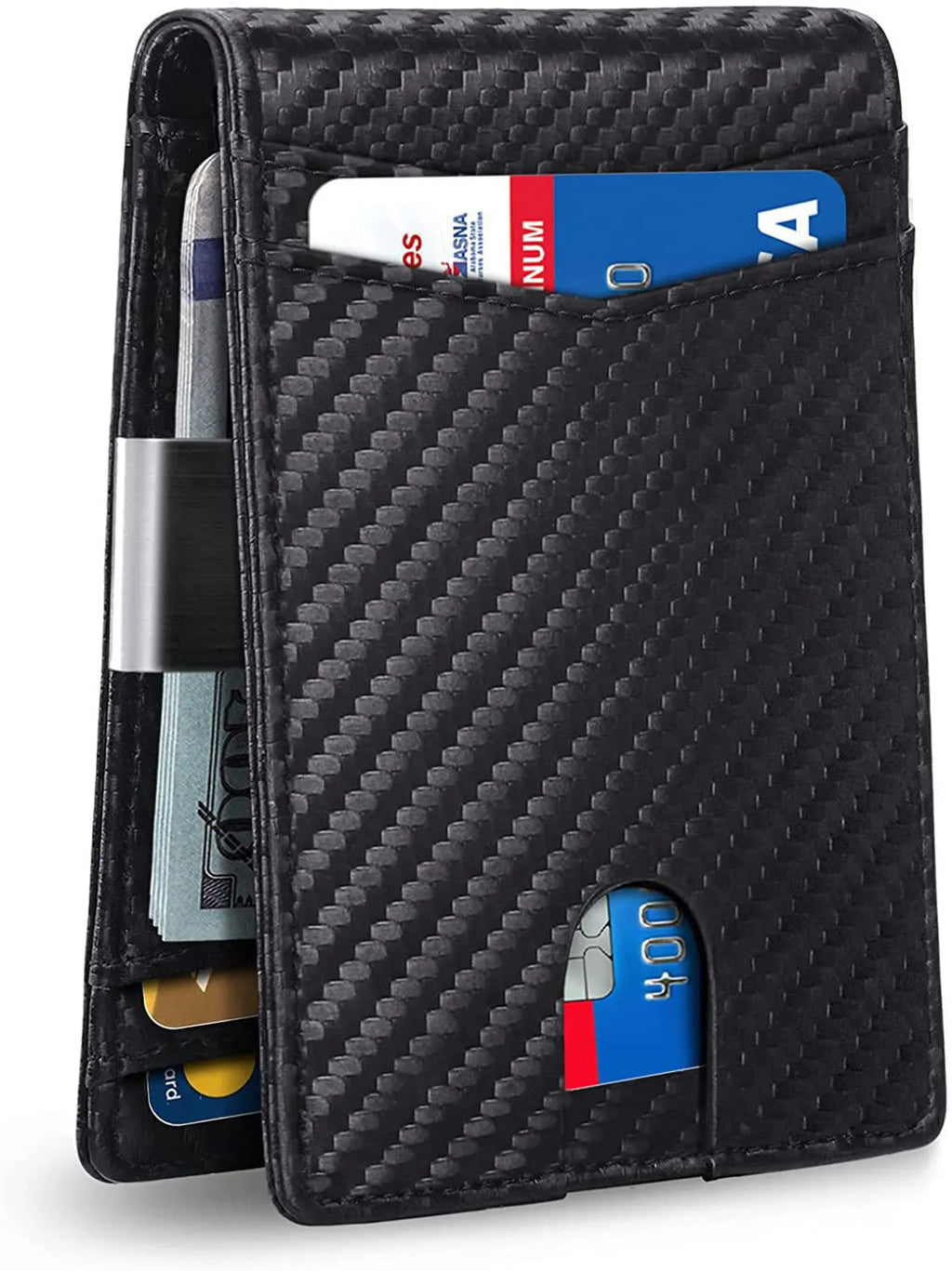 PU leather anti-theft card holder with multiple card slots shown in carbon fibre black colour