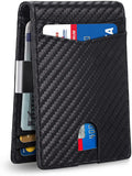 PU leather anti-theft card holder with multiple card slots shown in carbon fibre black colour