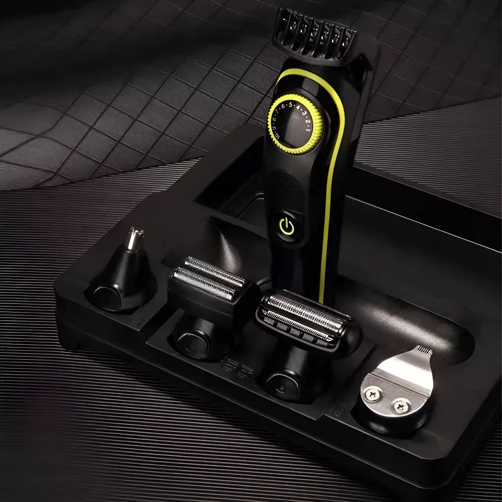 Black KM-696 rechargeable USB hair clipper set with stainless steel blade and cleaning accessories
