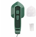 Dark green portable hand-held steam iron with ceramic panel, front view showing sharp corner design and compact size