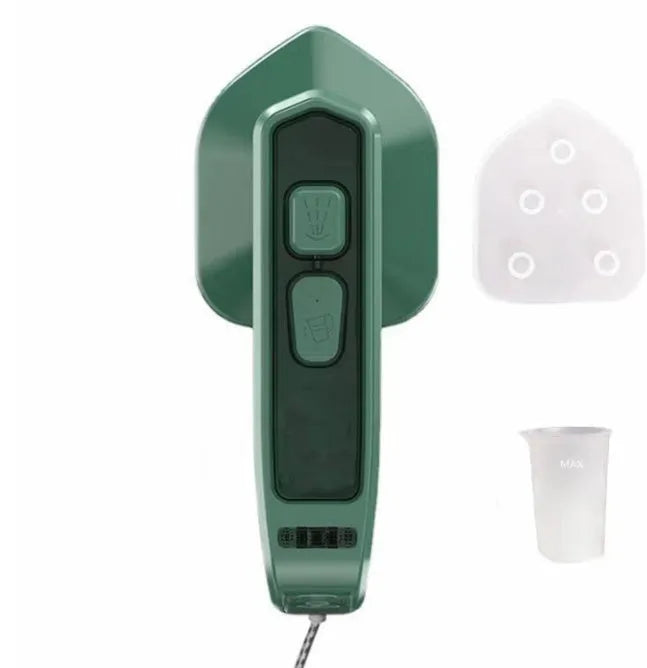 Dark green portable hand-held steam iron with ceramic panel, front view showing sharp corner design and compact size