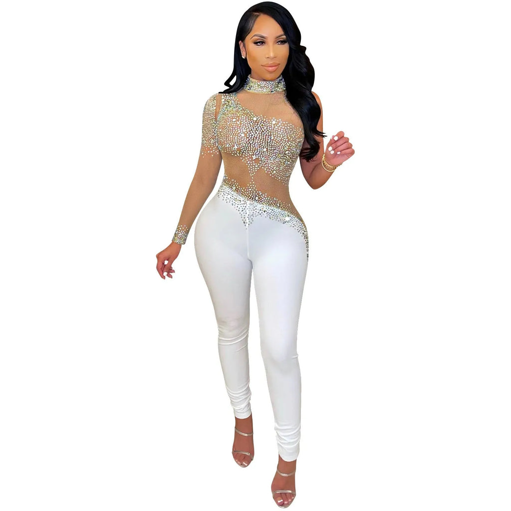 Transparent mesh rhinestone one-shoulder jumpsuit for women in black with tight trousers