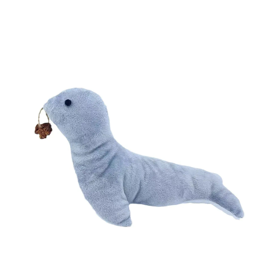 Blue sea lion plush cat toy with bell and catnip insert
