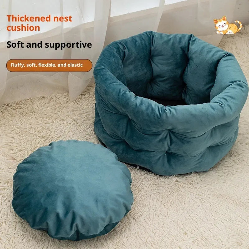 Winter warm flannel pet bed in emerald blue, medium size 48x26cm, on a wooden floor