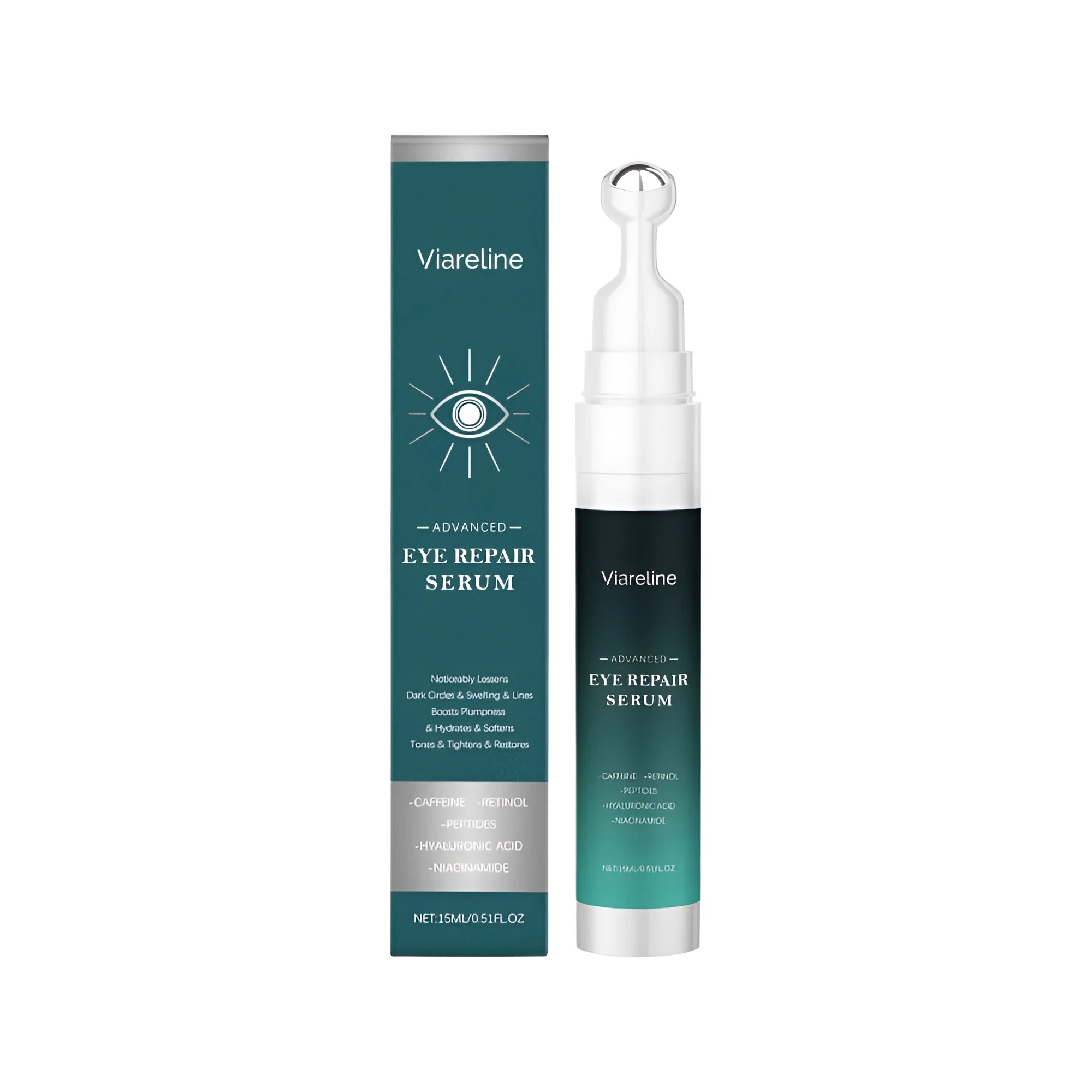 Eye repair serum 15ml bottle with retinol and caffeine ingredients for dark circles