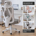 Ergonomic mesh gaming chair with black frame, black net back, 4D armrests, and footrest