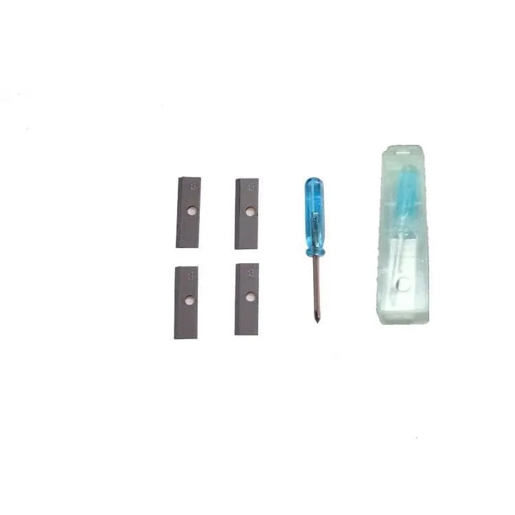 Geometric plastic pencil sharpener with four holes, shown with blades and a screwdriver.