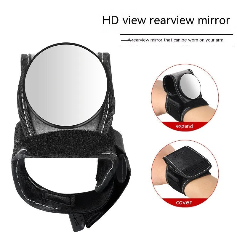 Black wrist-mounted rear-view mirror for bicycles with adjustable nylon strap