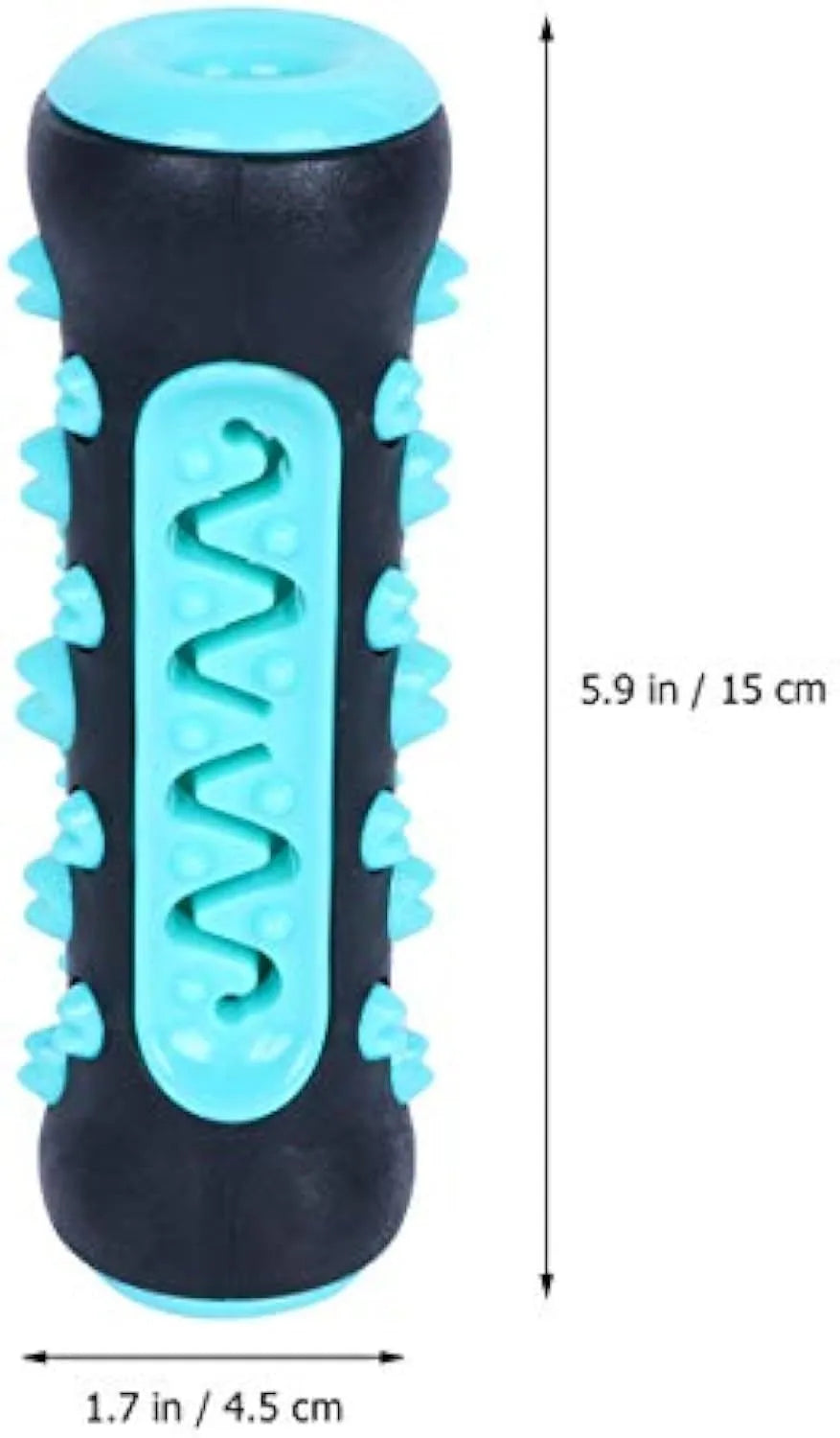 Natural rubber dog dental chew toy in blue, showing textured cleaning surface and size.
