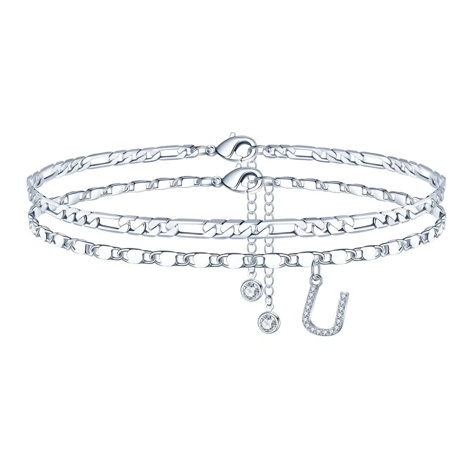 Copper double-circle bead anklet with silver colour finish showing customisable letter styling options