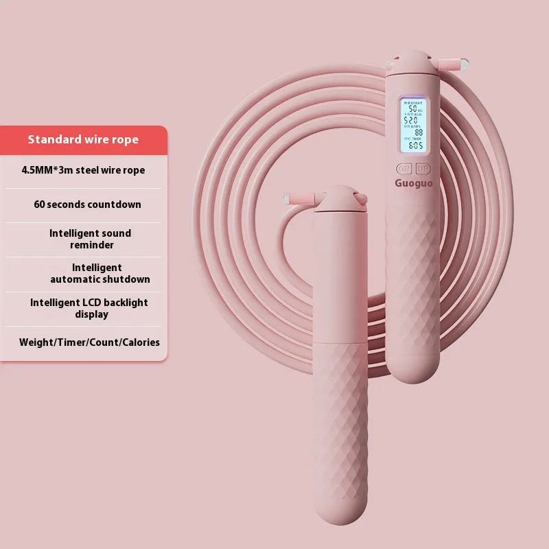 Intelligent electronic counting skipping rope with 3m steel wire shoelace and ABS handles on a neutral background