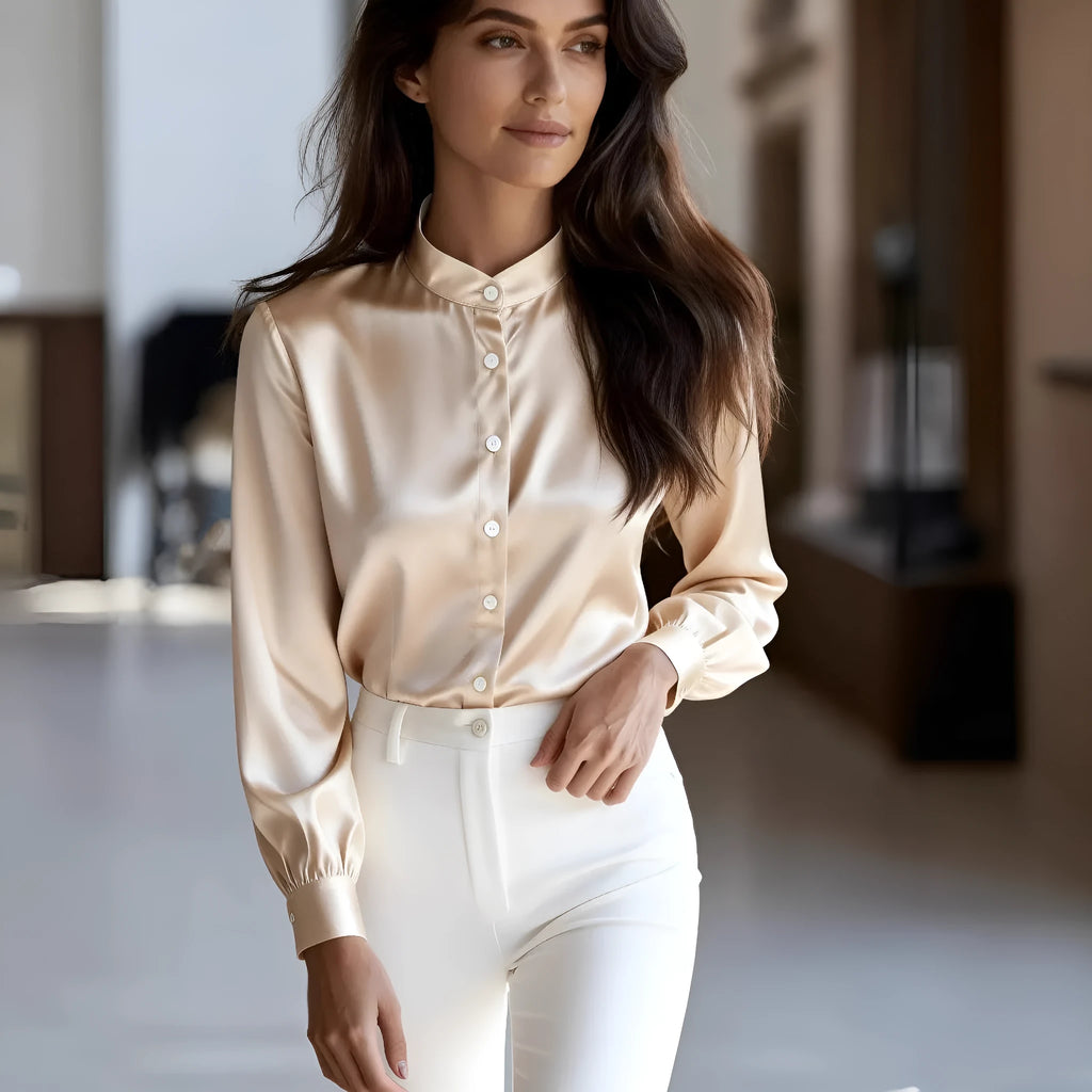 Women's autumn solid colour stand collar button long sleeve polyester shirt in black white and apricot